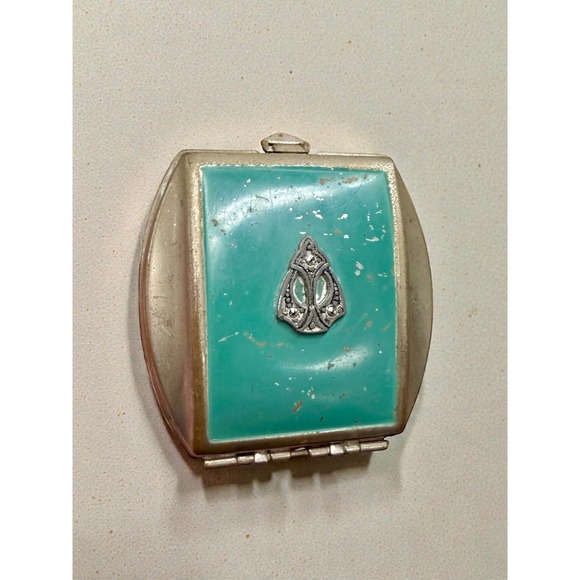 Antique Art Deco Compact Powder Rouge Green Teal Case Mirror Rhinestone Accent - Picture 8 of 8